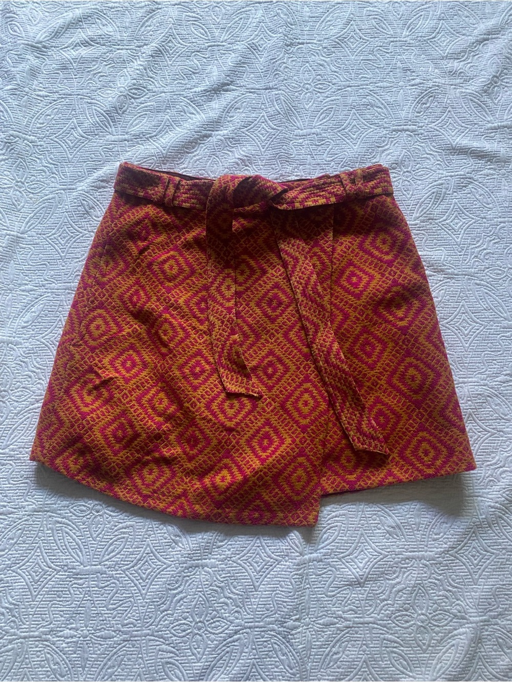 Anthropologie Red & Gold Geometric Mini Wrap Skirt